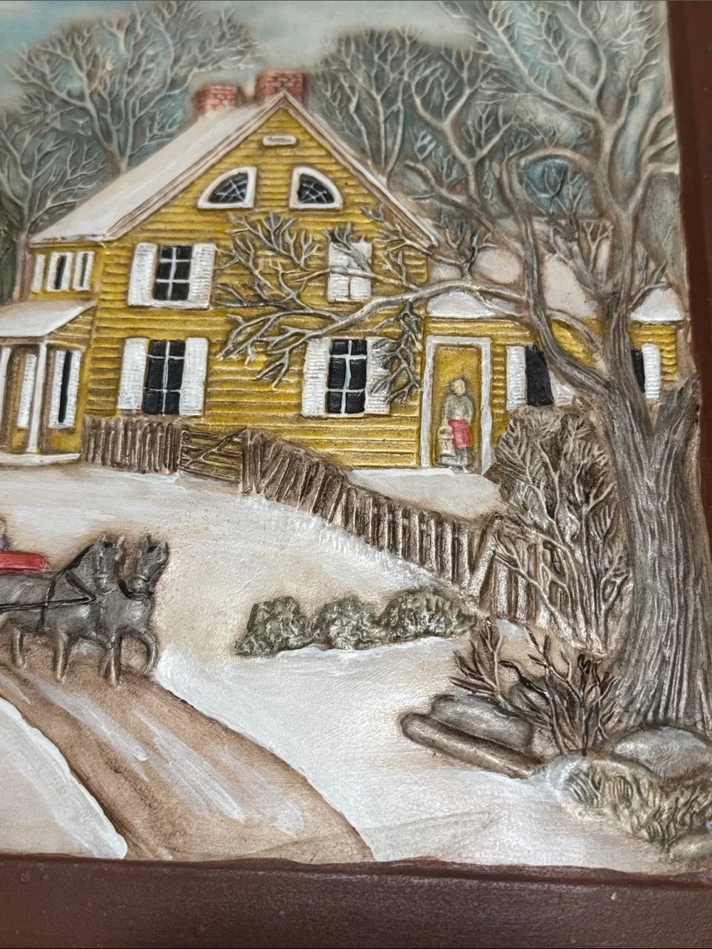Vintage Peany Winter Village Brown Frame, Yellow House Artwork 15.5” x 13”